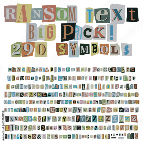 Criminal ransom letters, numbers and punctuation marks faded retro color. Full character set cut-outs from newspaper or magazine. Compose your own anonymous letters, blackmail. Big collection. Vector