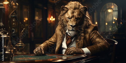 Stylish lion in a luxurious suit at the gaming table in the casino, Concept of gambling and rich life, playing poker or roulette