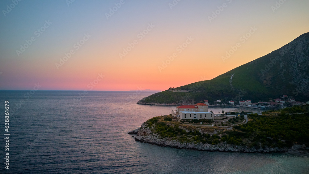 small mediterranean coastal town at sunset