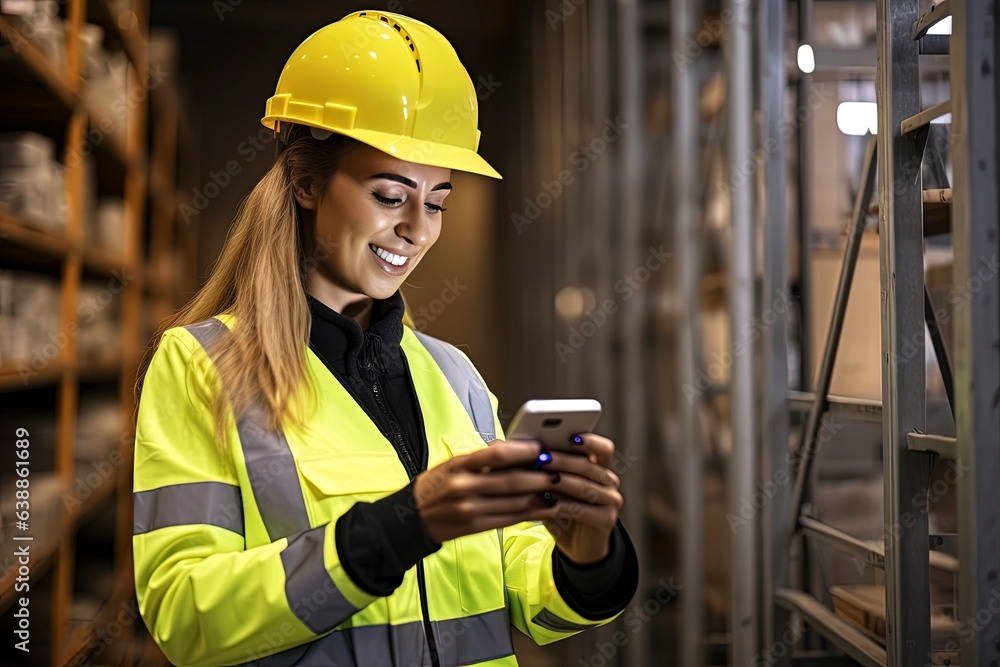 A woman in a yellow safety jacket using a cell phone created with Generative AI technology A woman in a yellow safety jacket using a cell phone created with Generative AI technology