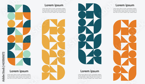 Bauhaus geometric shape, pattern background, vector abstract circle, triangle and square lines art. orange, deep green yellow and light greencolor, trendy geometric pattern backgrounds set