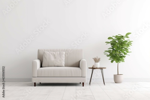 gray white velvet sofa Small potted plants and a small wooden table decorated in a clean living room Bright atmosphere in white tones © Khomkrit