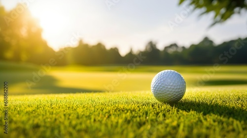 Golfball auf dem Green bei Sonnenschein, generative AI