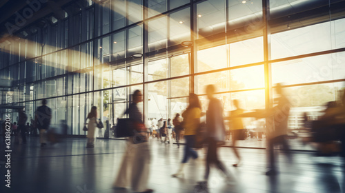 Blurred background featuring a modern shopping mall with various shoppers. Fashionable women are observing a showcase, captured with motion blur. Shoppers carrying shopping bags. Generative AI