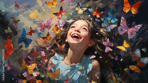 Child with fantasy flowers field garden and colorful butterflies background. Generative AI