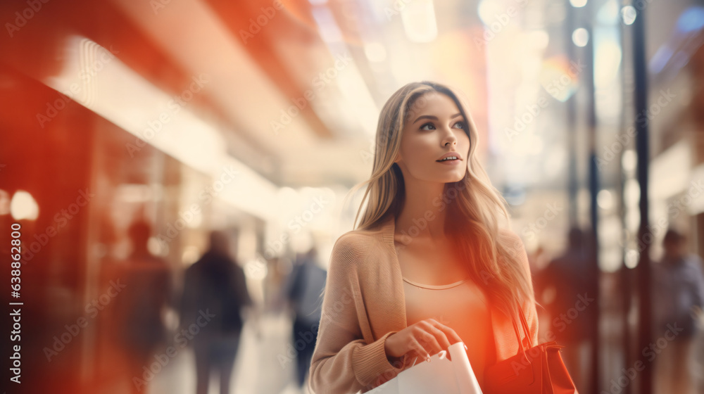Blurred background featuring a modern shopping mall with various shoppers. Fashionable women are observing a showcase, captured with motion blur. Shoppers carrying shopping bags. Generative AI