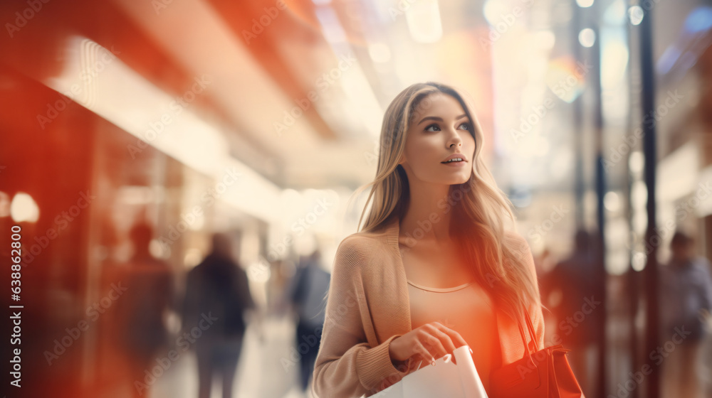 Obraz premium Blurred background featuring a modern shopping mall with various shoppers. Fashionable women are observing a showcase, captured with motion blur. Shoppers carrying shopping bags. Generative AI