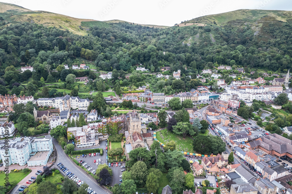 Beautiful aerial view of the town center, high street of Great Malvern, The famous village for outdoor and tourist, England