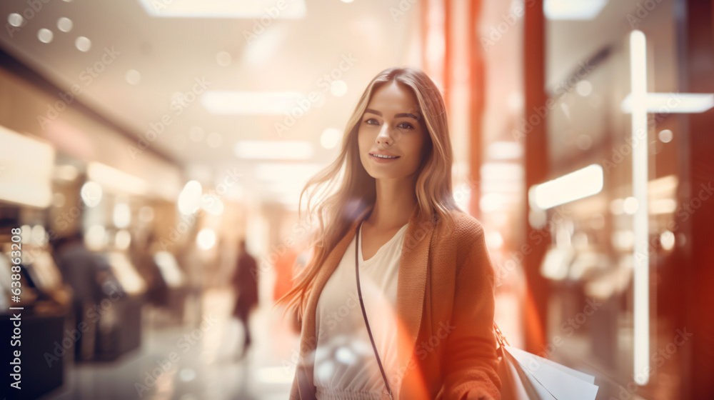 Blurred background featuring a modern shopping mall with various shoppers. Fashionable women are observing a showcase, captured with motion blur. Shoppers carrying shopping bags. Generative AI Blurred background featuring a modern shopping mall with various shoppers. Fashionable women are observing a showcase, captured with motion blur. Shoppers carrying shopping bags. Generative AI