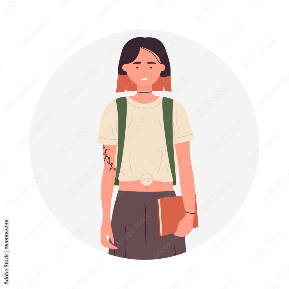 Stylish student girl. Fashion young lady, female teenager school pupil vector illustration