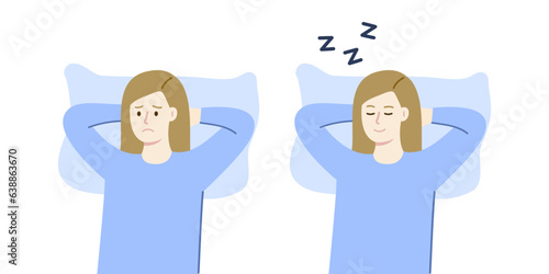 Set of sleeping woman and sad woman with insomnia problem. Healthcare concept. Flat vector design illustration.