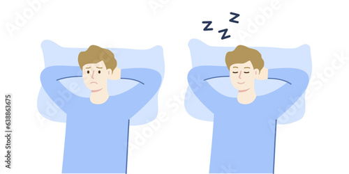 Set of sleeping man and sad man with insomnia problem. Health, sleep disorder, loneliness, stress, lifestyle concept. Flat vector design illustration.