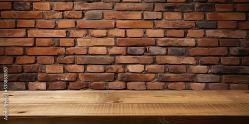 Minimalist elegance. Empty room with wood and brick accents. Vintage Old wooden table and bricks wall set scene. Creative spaces. Designing with blocks backdrops