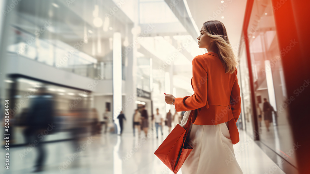 Blurred background featuring a modern shopping mall with various shoppers. Fashionable women are observing a showcase, captured with motion blur. Shoppers carrying shopping bags. Generative AI Blurred background featuring a modern shopping mall with various shoppers. Fashionable women are observing a showcase, captured with motion blur. Shoppers carrying shopping bags. Generative AI