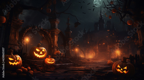 scary halloween scene with pumpkins and strange buildings in the dark with moonlight