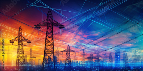 Electricity transmission towers with glowing wires against sunset background - Energy concept