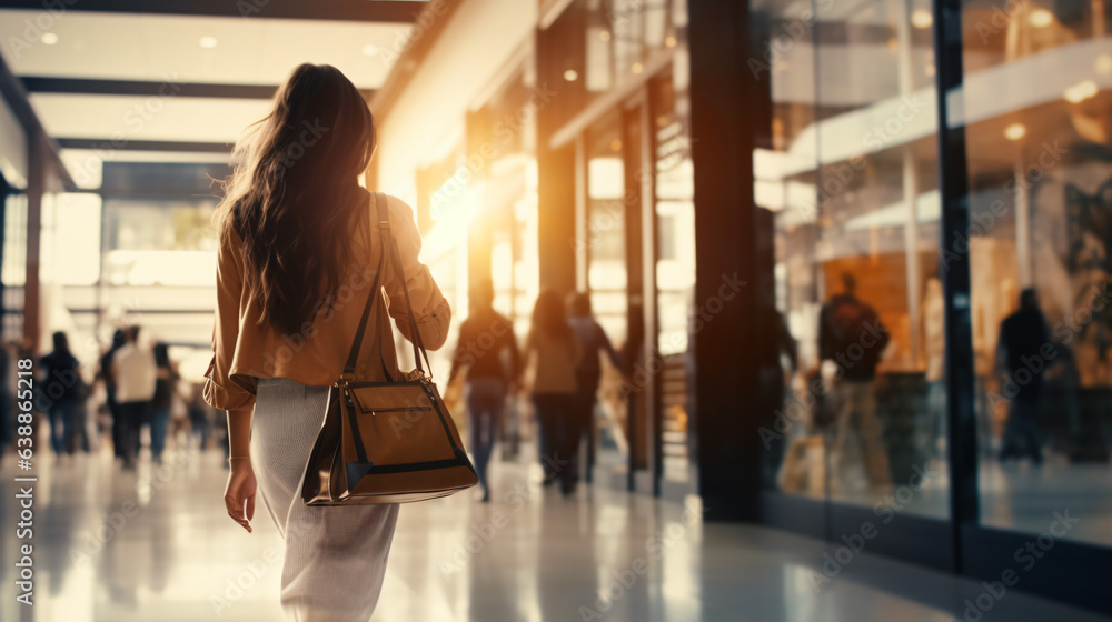 Blurred background featuring a modern shopping mall with various shoppers. Fashionable women are observing a showcase, captured with motion blur. Shoppers carrying shopping bags. Generative AI - obrazy, fototapety, plakaty 