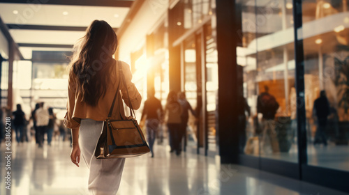 Blurred background featuring a modern shopping mall with various shoppers. Fashionable women are observing a showcase  captured with motion blur. Shoppers carrying shopping bags. Generative AI