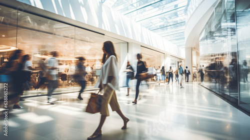 Blurred background featuring a modern shopping mall with various shoppers. Fashionable women are observing a showcase, captured with motion blur. Shoppers carrying shopping bags. Generative AI