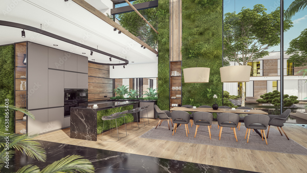 3d rendering of expensive cozy interior with green walls with living dining zone stair and kitchen for sale or rent. Spacious apartments with expensive furniture, equipment and flowers