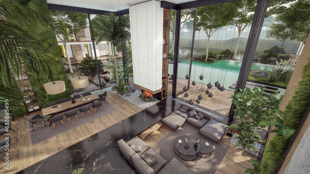 3d rendering of expensive cozy interior with green walls with living dining zone stair and kitchen for sale or rent. Spacious apartments with expensive furniture, equipment and flowers 3d rendering of expensive cozy interior with green walls with living dining zone stair and kitchen for sale or rent. Spacious apartments with expensive furniture, equipment and flowers