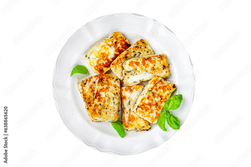halloumi fried cheese fresh basil meal food snack on the table copy space food background rustic top view