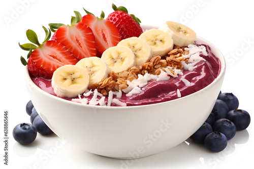 Smoothie bowl made of acai powder, yogurt, chia seeds topped with bueberries, strawberries, banana and coconut. Energy breakfast full of vitamins, antioxidants and fiber. Healthy diet weight loss