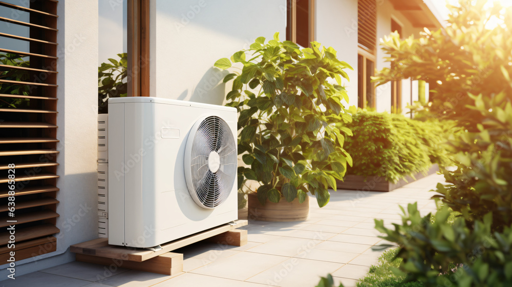 Air source heat pump installed in a residential building, providing sustainable and clean energy for a modern home background. Generative AI Air source heat pump installed in a residential building, providing sustainable and clean energy for a modern home background. Generative AI