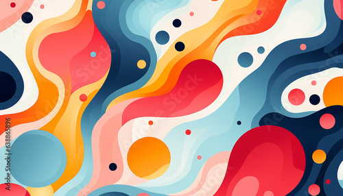 Artistic abstraction with colorful circles and flowing lines.Modern, futuristic illustration of multicolored abstract background. Minimalist wall art. Simple stylish abstraction