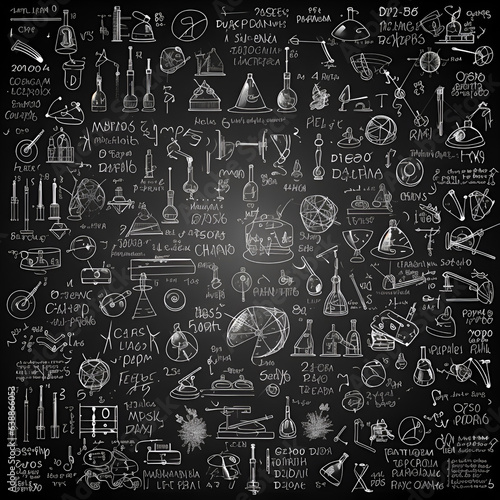 Seamless pattern with school subjects such as , chemistry, math, physics. Blackboard inscribed with scientific formulas. Generative AI