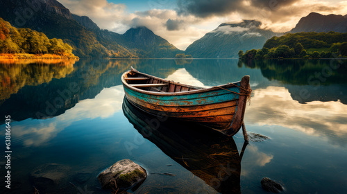Old wooden boat on water at mountains.Amazing Nature Landscape.
