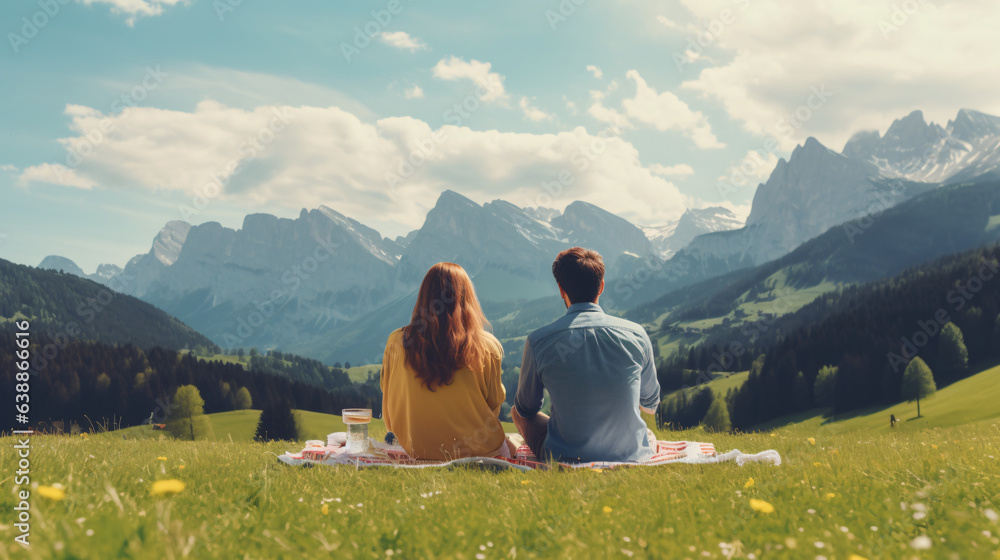 Fototapeta premium Romantic Young Couple Enjoying Picnic with Scenic View of Green Meadows in Dolomites Alps