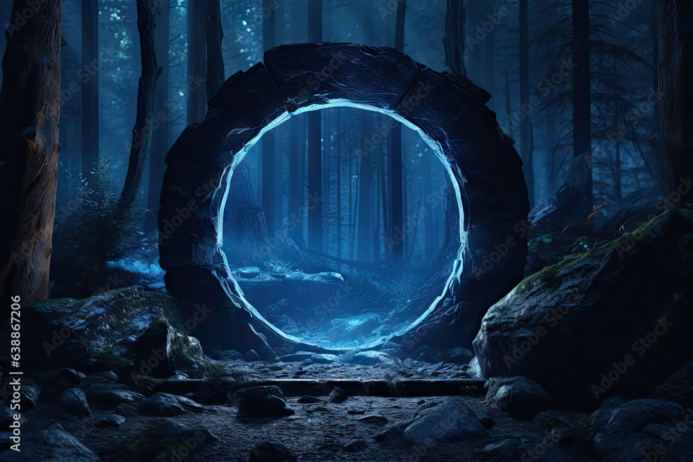 Abstract portal stone gate with neon circle glowing light in the dark wood forest space landscape of cosmic, rocky mountain stone field, spectrum light effect, with Generative Ai. - obrazy, fototapety, plakaty 