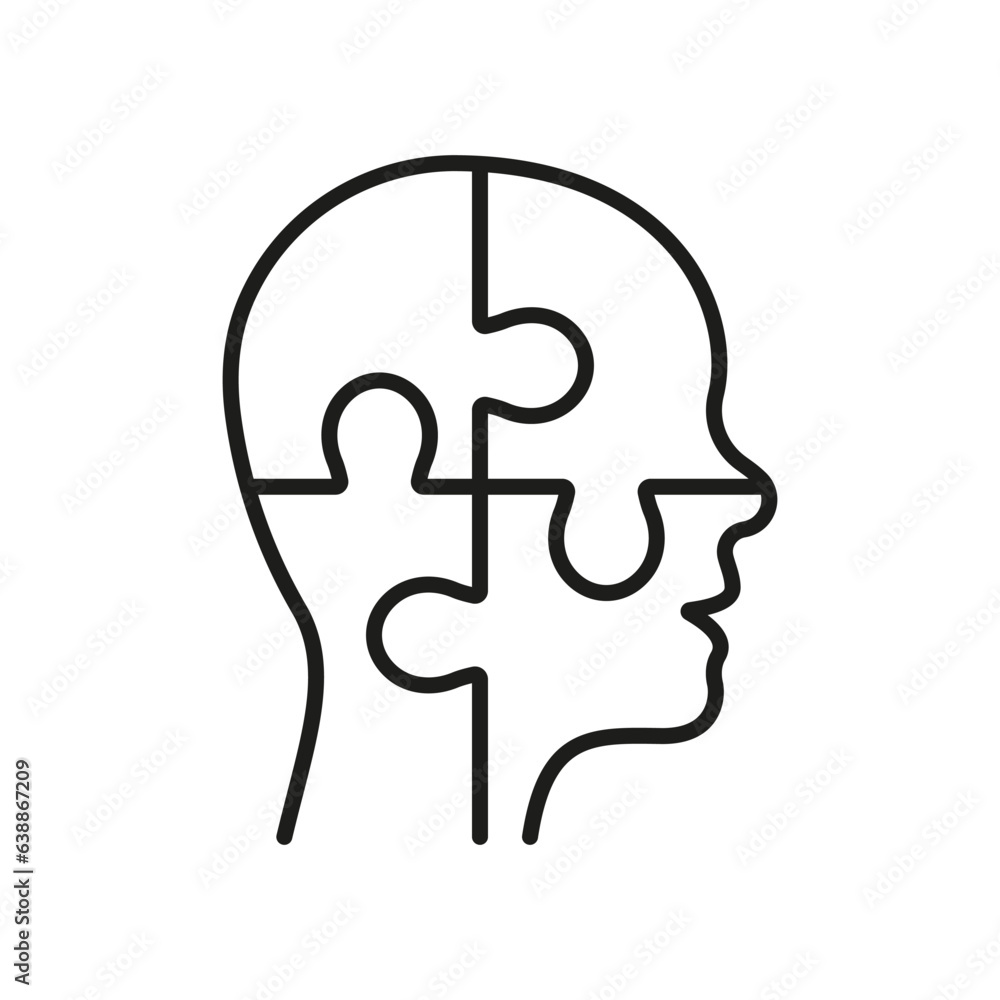 Solution in Human Head Line Icon. Person's Brain and Jigsaw, Creation Idea Concept Linear Pictogram. Thinking Intellectual Process Outline Symbol. Editable Stroke. Isolated Vector Illustration Solution in Human Head Line Icon. Person's Brain and Jigsaw, Creation Idea Concept Linear Pictogram. Thinking Intellectual Process Outline Symbol. Editable Stroke. Isolated Vector Illustration