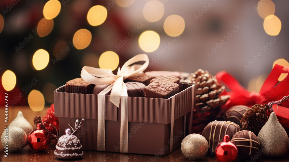 delicious chocolate in a Christmas scene. Giftbox