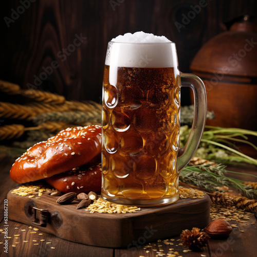 Beer  pretzel  wheat and hops. October Fest concept 