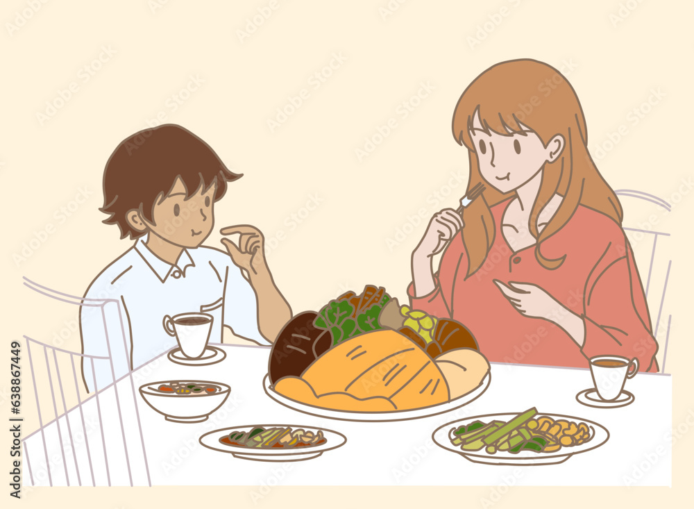Happy single mother and son enjoying food while eating healthy food, having meal together by using hands and fork. Hand drawn flat cartoon character vector illustration. Happy single mother and son enjoying food while eating healthy food, having meal together by using hands and fork. Hand drawn flat cartoon character vector illustration.