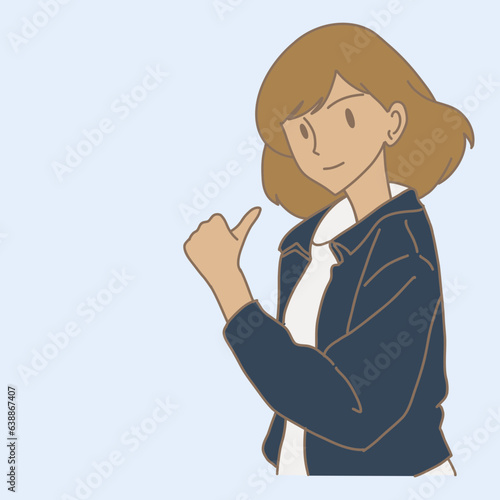 Cool woman raising thumb up, showing thumb up gesture, telling someone do good job, hitchhiking. Side view. Hand drawn flat cartoon character vector illustration.