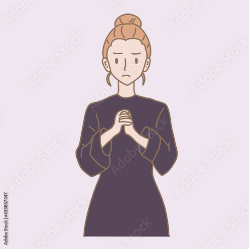 Worried woman holding hands, praying. Hand drawn flat cartoon character vector illustration.