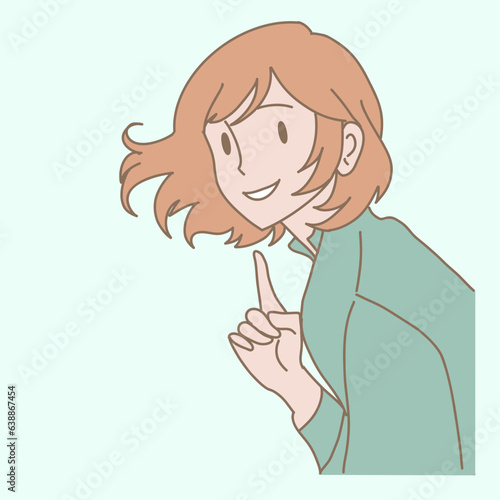 Joyful woman with hair blowing, pointing up at chin showing bright teeth, raising index finger to point oneself. Hand drawn flat cartoon character vector illustration.