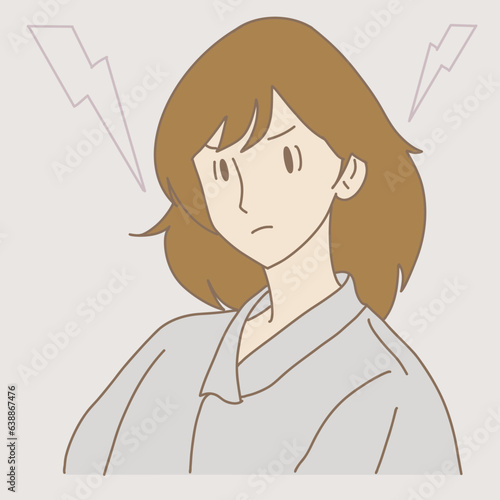 Angry woman with bad mood, thunder behind. Hand drawn flat cartoon character vector illustration.