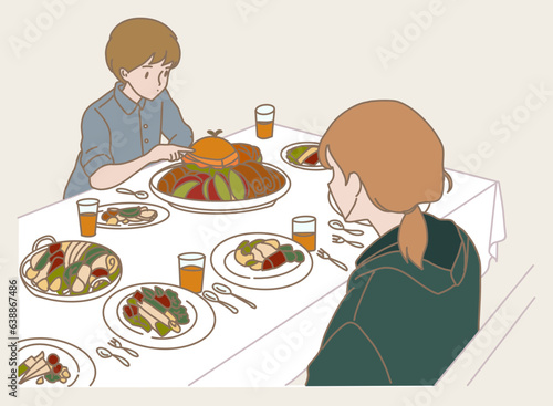 Family members sitting at table with many dishes, having meal together. Boy pointing, poking at food. Hand drawn flat cartoon character vector illustration.