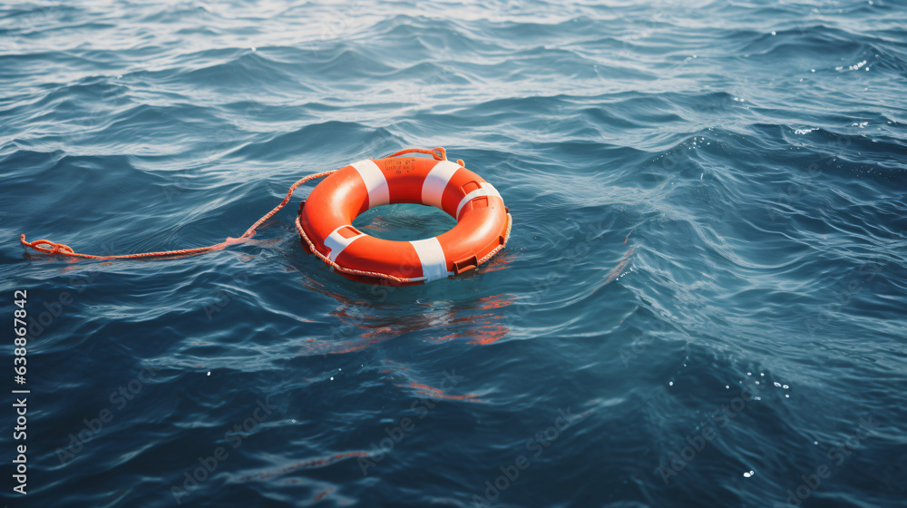 Safety equipment: Life buoy or rescue buoy floating on the ocean, prepared to save individuals at risk of drowning.

Generative AI - obrazy, fototapety, plakaty 