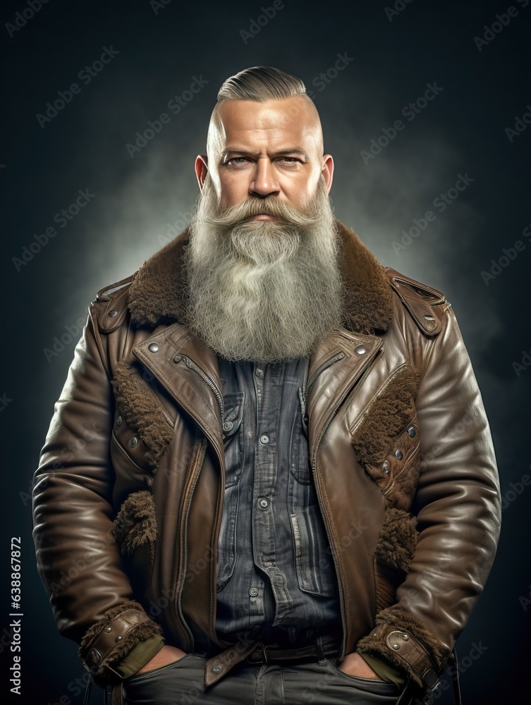 Senior male with leather jacket and hipster hairstyle and beard, generative ai Senior male with leather jacket and hipster hairstyle and beard, generative ai