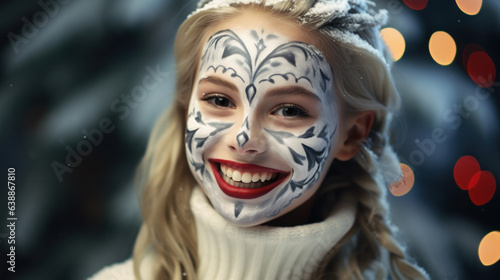 Portrait of little girl with Christmas face painting. Xmas face art
