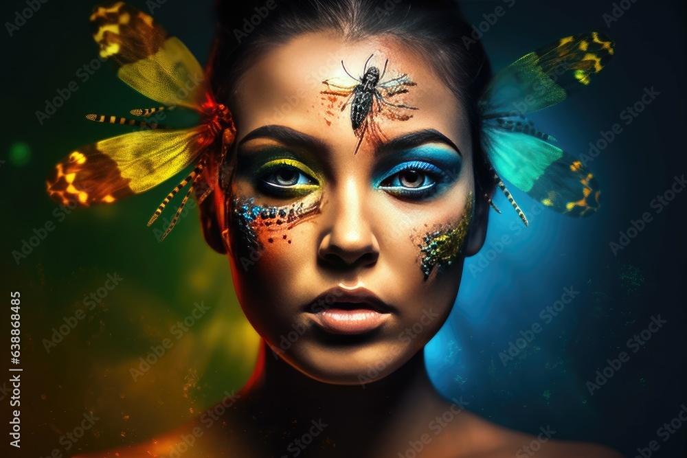 Sensual woman with body art and colored butterflies. Generative AI Sensual woman with body art and colored butterflies. Generative AI