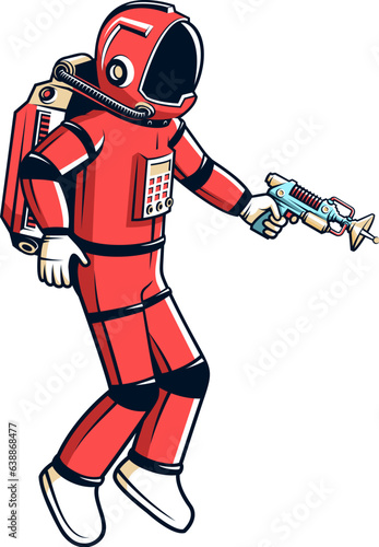 Cosmonaut with a laser gun. Astronaut in a red spacesuit with a blaster in hand. Vector illustration in retro comic style.