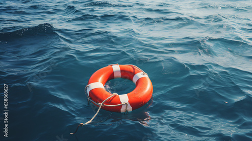 Safety equipment: Life buoy or rescue buoy floating on the ocean, prepared to save individuals at risk of drowning.Generative AI