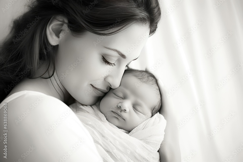 Young mother lovingly cradles her newborn baby in her arms Young mother lovingly cradles her newborn baby in her arms