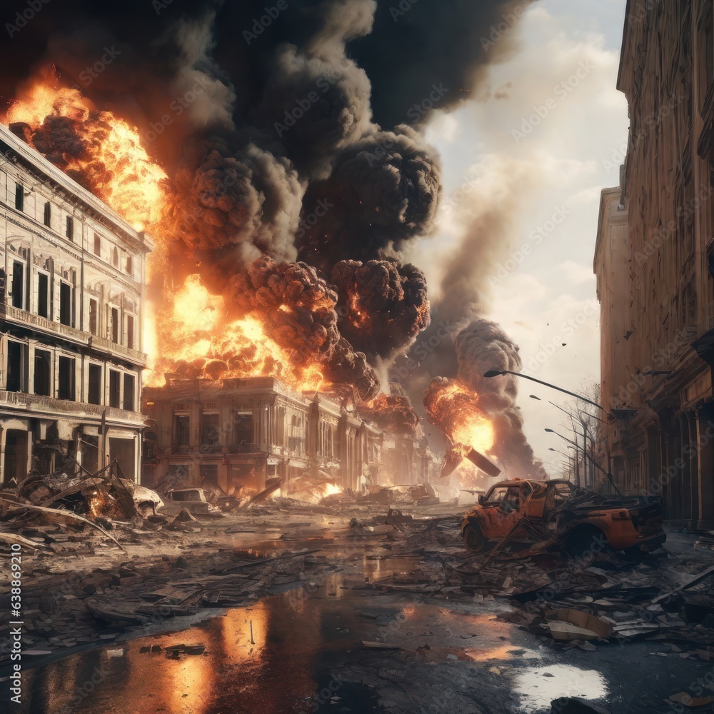 Illustration of a city destroyed by bombs, the effects of war. generative AI Illustration of a city destroyed by bombs, the effects of war. generative AI
